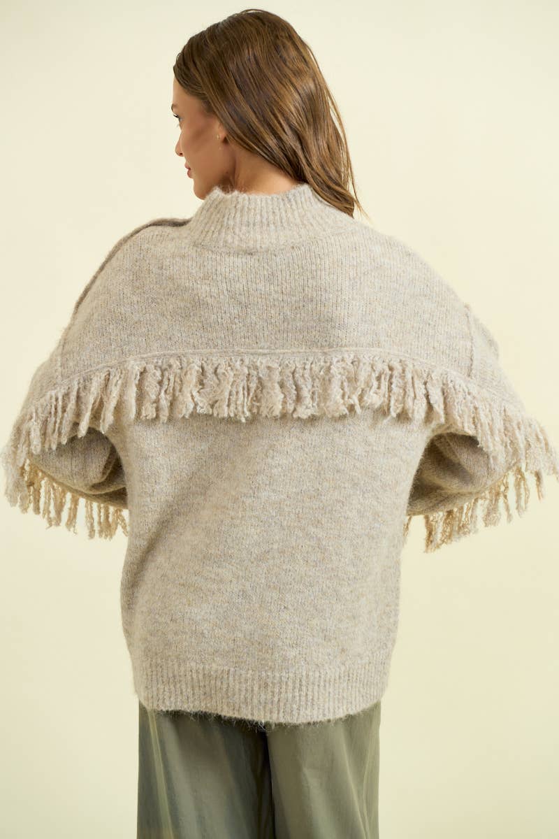 Doe and Rae - Wholesale Knit Sweater - Women's - FRINGE BACK MOCK NECK BLOUSON SLEEVE SWEATER - 45347T3