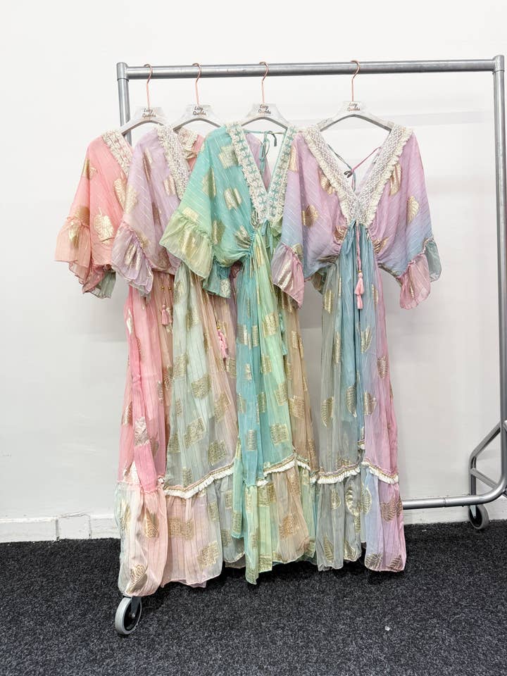 Lucy Sparks - Wholesale Dress - Women's - GOLDEN FOIL PRINT AND STRIPES FLARED MAXI DRESSÂ