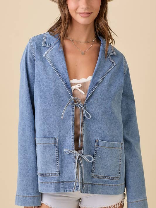 Lapel Collar Denim Jacket With Front Tie Detail for wholesale by Main Strip
