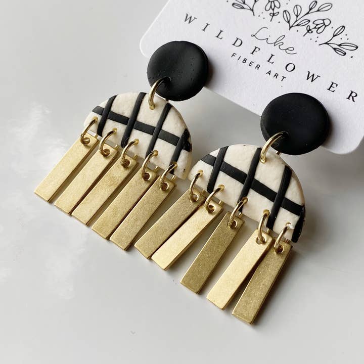 Harper Studs - Cream + Black Plaid for wholesale by Like Wildflower
