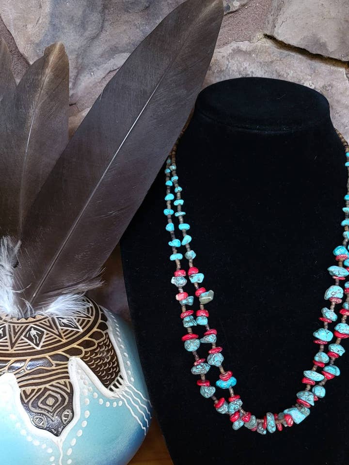 Turquoise, Coral, seashell heishi necklace Navajo handmade for wholesale by Horse Spirit Studio