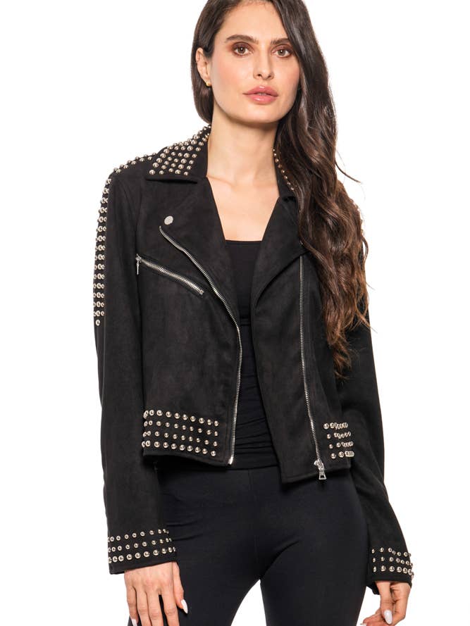 B1230-6 - Studded Moto Jacket – Black Suede Finish for wholesale by Adore