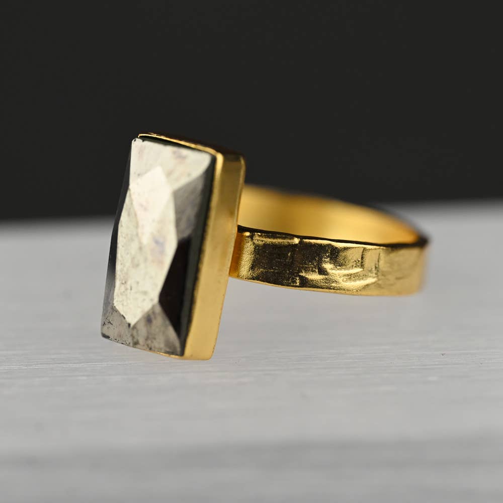 KBD Studio - Wholesale Cocktail/Statement Ring - Pyrite Rectangle   Ring on a Hand Hammered Gold Band3