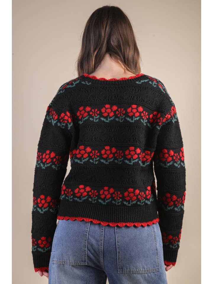 VERY J - Wholesale Cardigan - Women's - 12W3524N-Floral Graphic Detail Knit Sweater Cardigan3