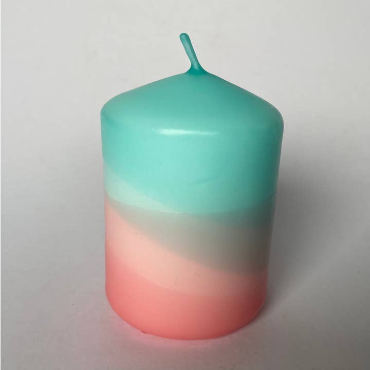 Turquoise and Sherbert Pink Dip Dyed Pillar Candle for wholesale by The Singing Rabbit