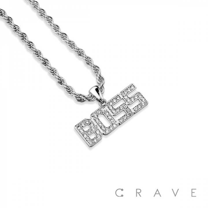RHODIUM GEM PAVED "BOSS" HIP HOP BLING ALLOY PENDANT WITH CHAIN for wholesale on Faire