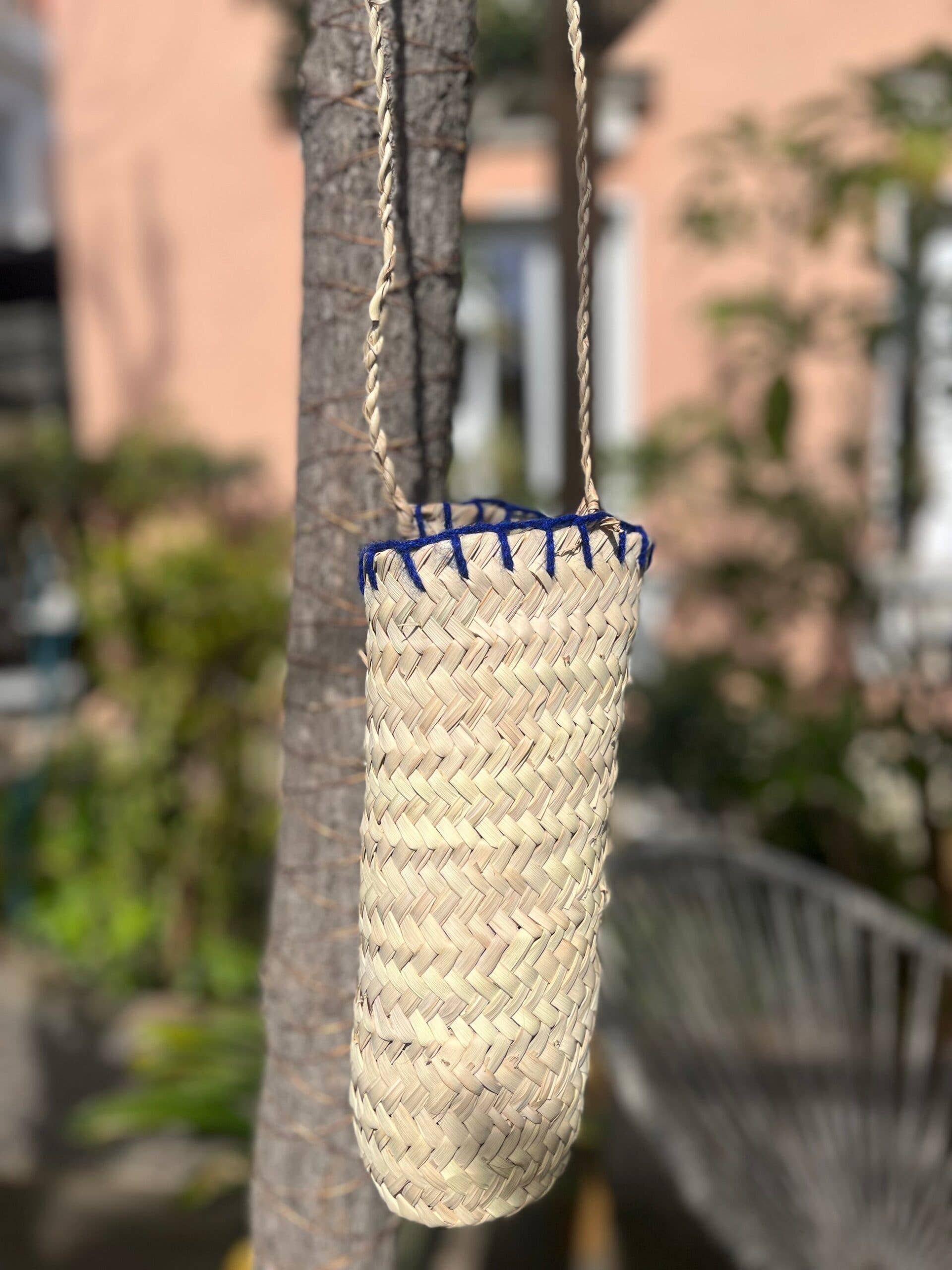 High crafty – Suporte para garrafas/garrafeira por atacado – Suporte de Garrafa em Folha de Palmeira AZUR Feito à Mão com Alça0