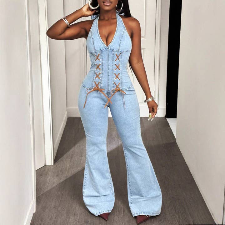 Blue Elara Halter Tight Waist Slim Medium Elastic Washing for wholesale on Faire1