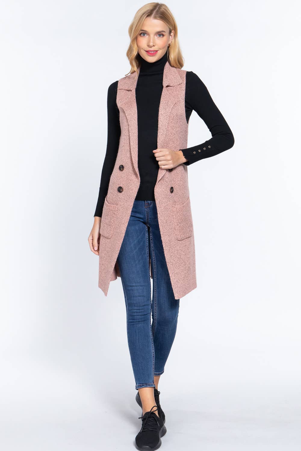 Active Basic | Active USA - Wholesale Outerwear Vest - Women's - Sleeveless Notched Collar Long Sweater Vest3