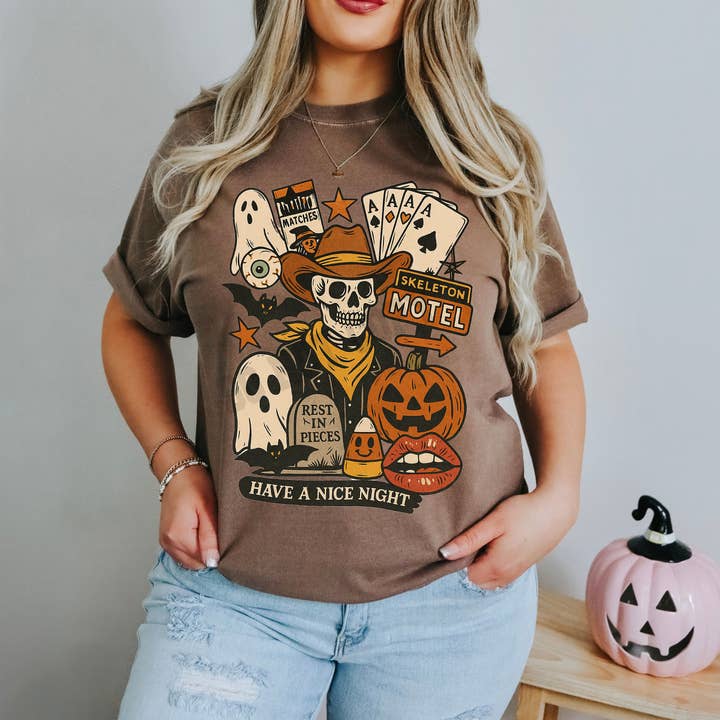 Skeleton Motel Tee for wholesale by Trendy Tee Co.