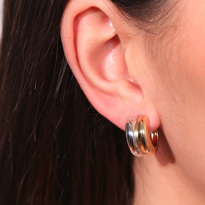 HoopLa - Wholesale Hoop Earrings - Puffy Double Hoop Earring- steel Gold HuggieÂ