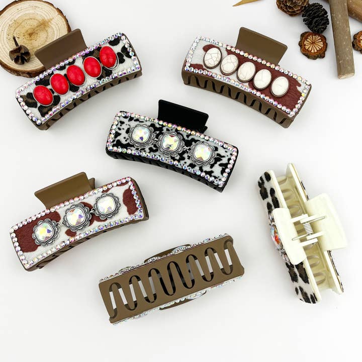 mildstyles - Wholesale Hair clip – Women’s - Vintage Western Cowboy Cow Print Rhinestone Hair Claw Clip6