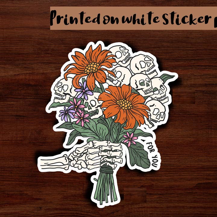 Skeleton Halloween & Flower Clear Vinyl Skull Sticker for wholesale by True North Bazaar
