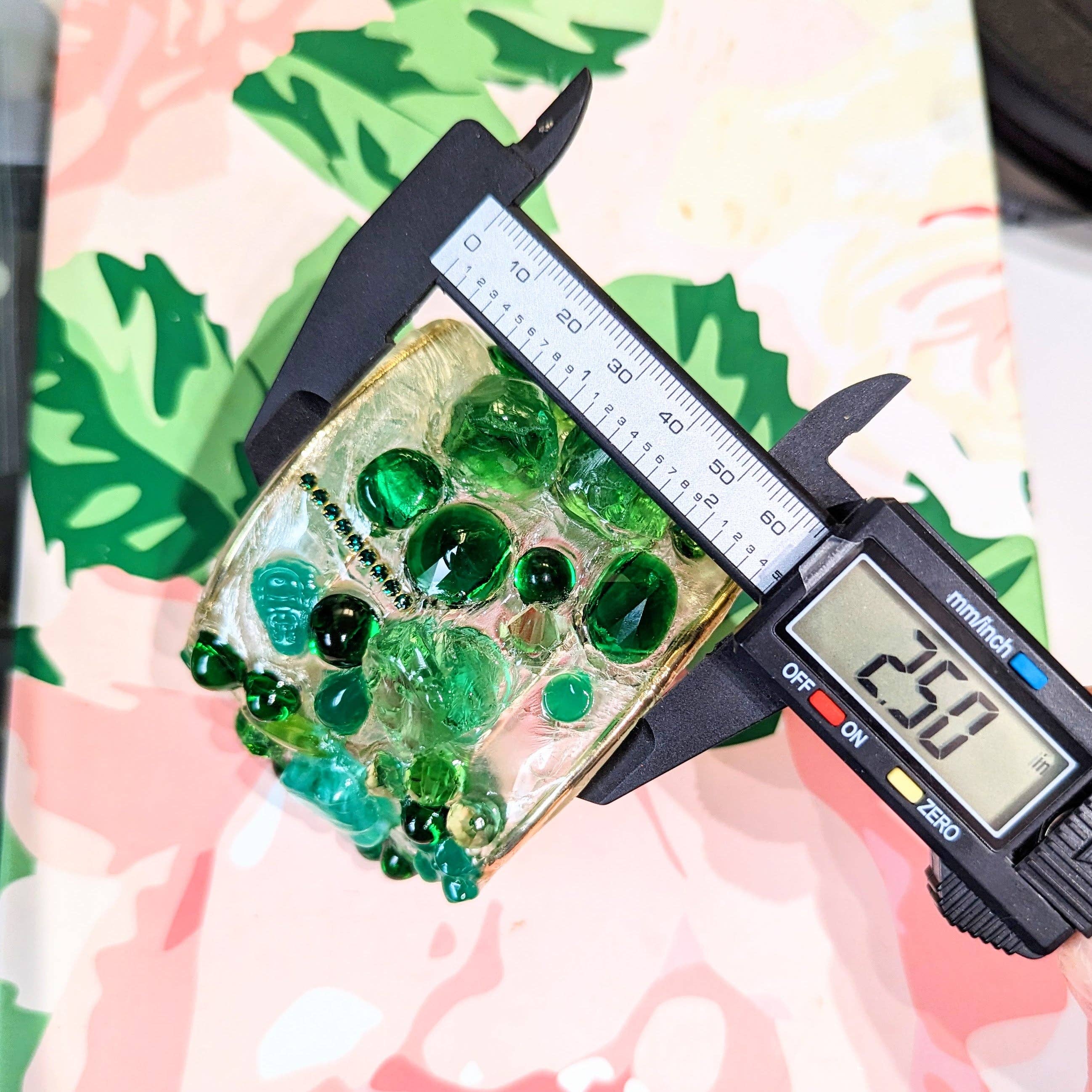 Gay Isber Designs - Wholesale Cuff Bracelet - Emerald Green Clear Confetti 2.5 inch wide Clear Resin Cuff Bracelet Vintage Swarovski Faceted Stones Handmade Sustainable USA Sugar Gay Isber3