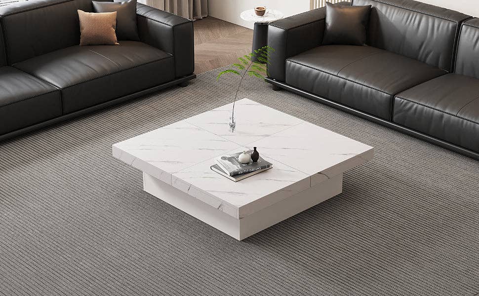 Urban Meuble - Wholesale Side Table - Modern white square coffee table with marble effect, 4 drawers, sliding top 90x90x25cm KHEKRIED29