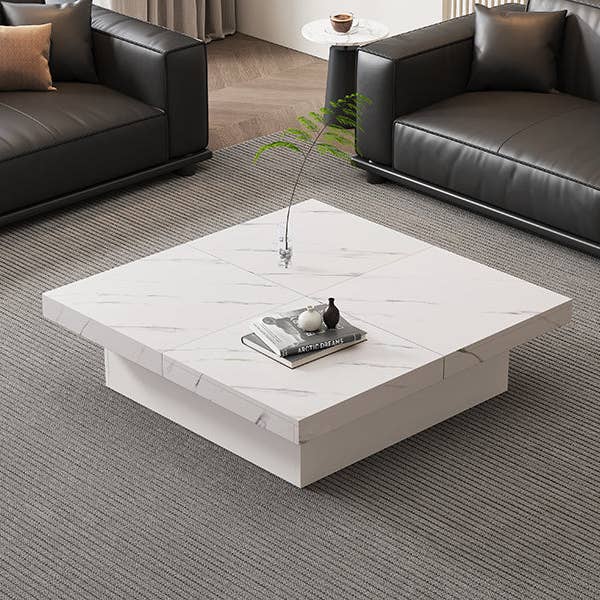 Urban Meuble - Wholesale Side Table - Modern white square coffee table with marble effect, 4 drawers, sliding top 90x90x25cm KHEKRIED29