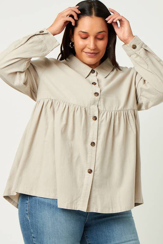 Lemon Tree - Wholesale Button Down Shirt - Women's - Plus Corduroy Button Up Peplum Shirt0