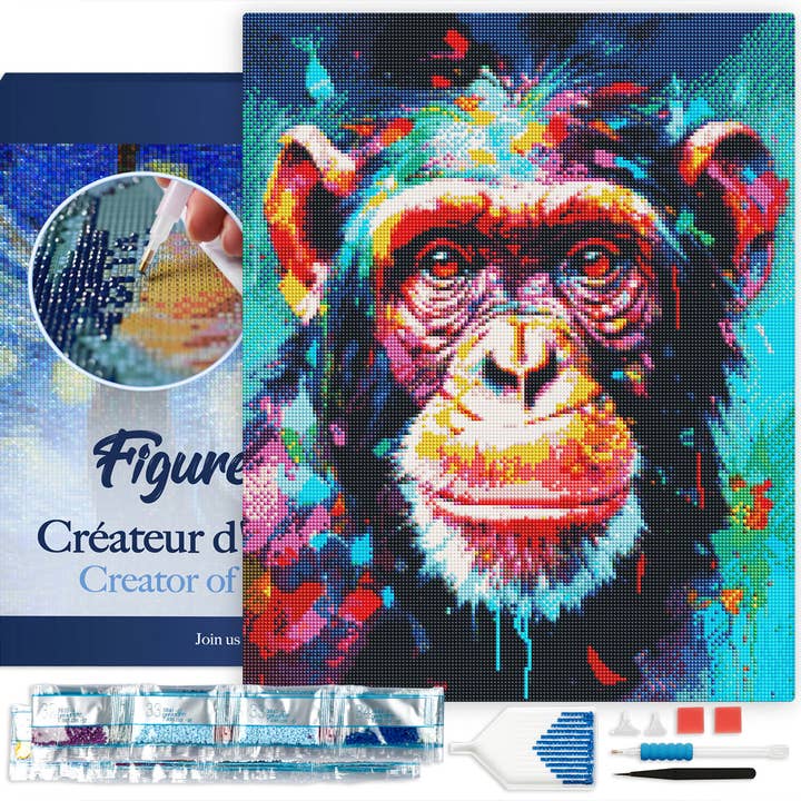 Peinture au diamant - Faune colorée - Chimpanzé encadré pour la vente par Figured'Art