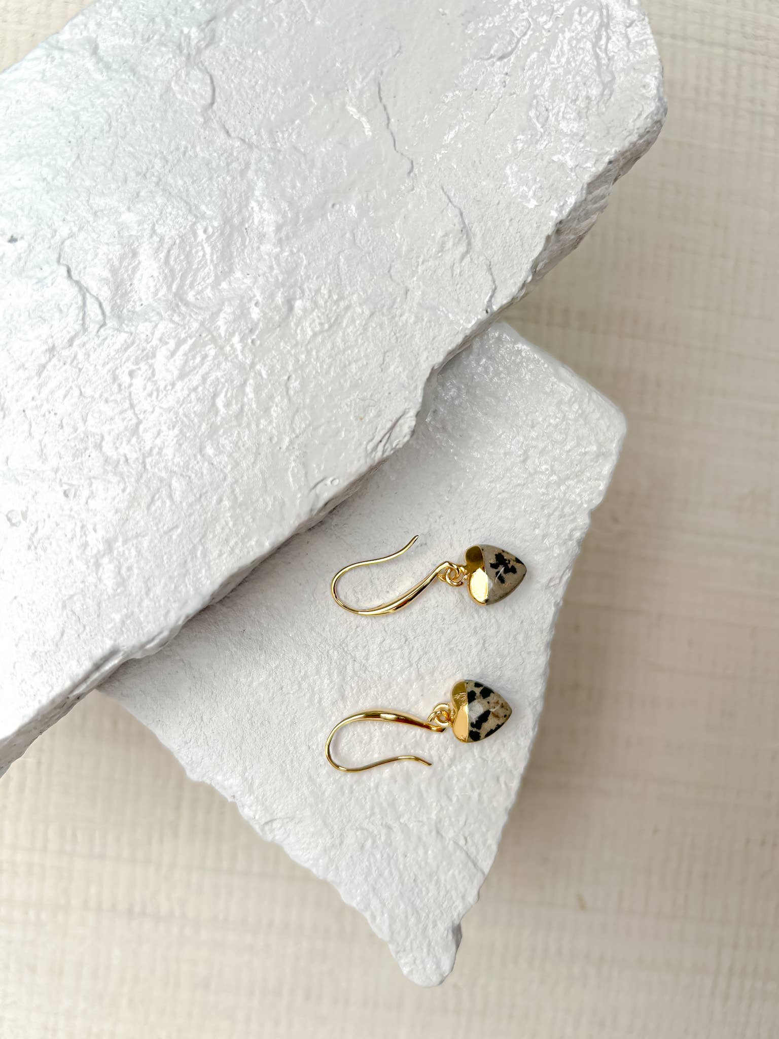 Roc Jewellery - Wholesale Dangle Earrings - Dalmation Jasper Small Heart Gold Plated Gemstone Earrings1