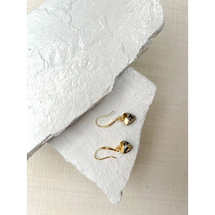 Roc Jewellery - Wholesale Dangle Earrings - Dalmation Jasper Small Heart Gold Plated Gemstone Earrings1