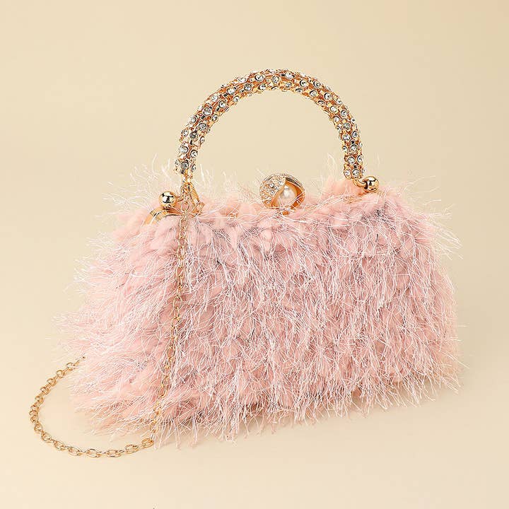 Crystal Handle Feather Embellished Clutch Crossbody Evening Bag for wholesale by Sensibling Corp.