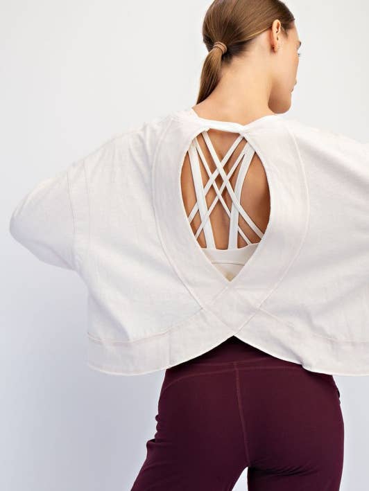 T890037-Long Sleeve Cotton Slub Open Back Top for wholesale by Sunday Morning