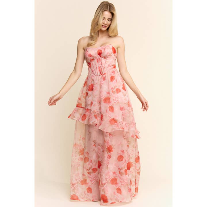 FLORAL ORGANZA MAXI DRESS WITH RUFFLE for wholesale by Maniju