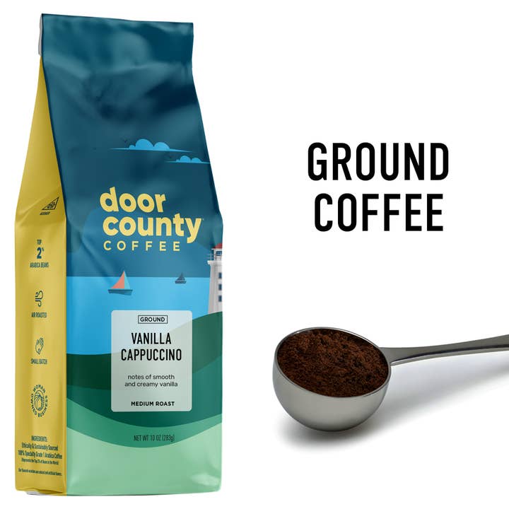 Door County Coffee - Wholesale Ground Coffee - 10oz Vanilla Cappuccino Flavored Coffee Ground