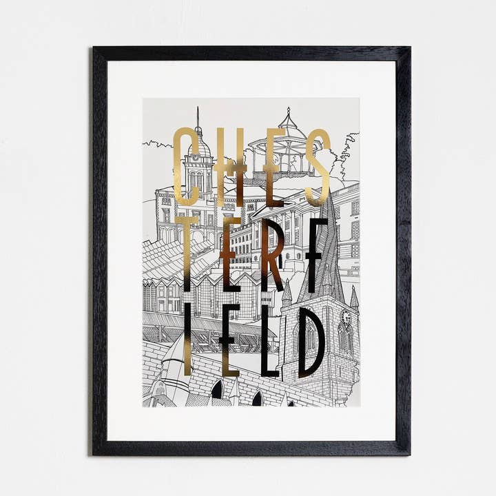 Paisaje urbano de Chesterfield (lámina dorada), impresión A3 para venta al por mayor de Reyt Good Illustration