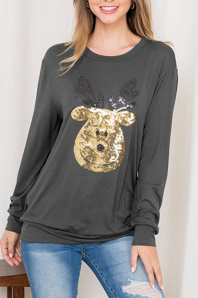ROUSSEAU - Wholesale Tunic - Women's - SEQUIN MOOSE PRINT LONG SLEEVE TOP0