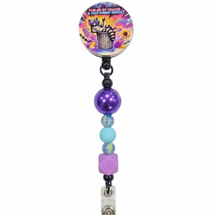 Funny Raccoon Beaded Badge Reel – Fueled by Chaos for wholesale by JAC Wholesale