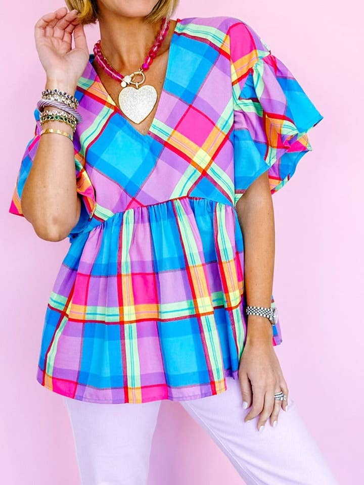 Sky Blue Plaid V-Neck Babydoll Top for wholesale on Faire