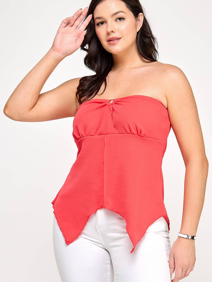 Haut asymétrique sans bretelles à anneau en O grande taille JK18962-T pour la vente par Haute Fox Plus Size & Contemporary