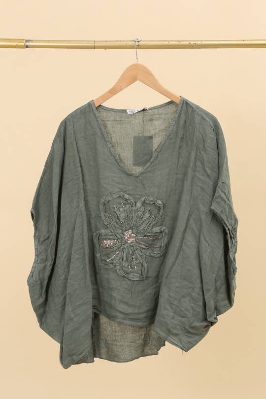 LÉA & LUC – Túnica - Mulher por atacado – Blusa com flor em linho 100% REF. 112093