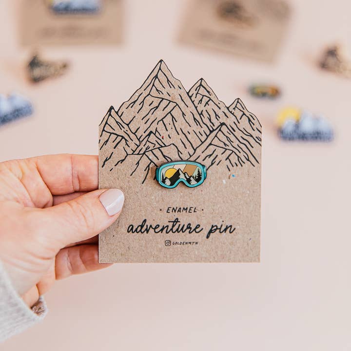 Ski and Snowboard Goggles Adventure Enamel Pin Badge for wholesale by Golden Mountain