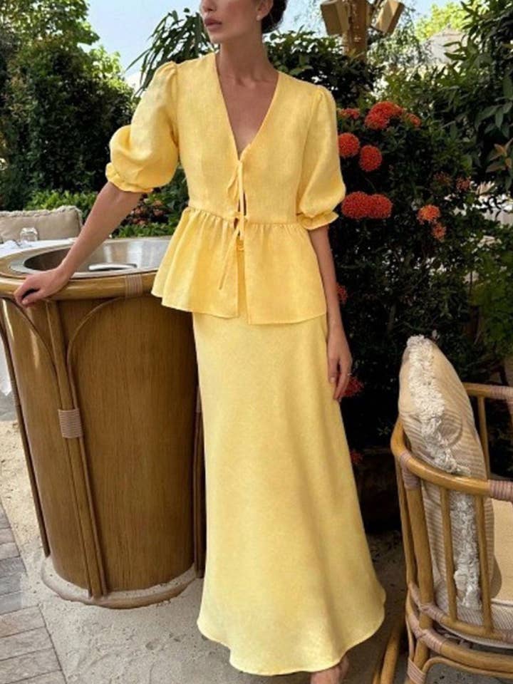 Puff Sleeve Tie-up Ruffle Cotton Shirt Skirt Set for wholesale by Red Clover USA