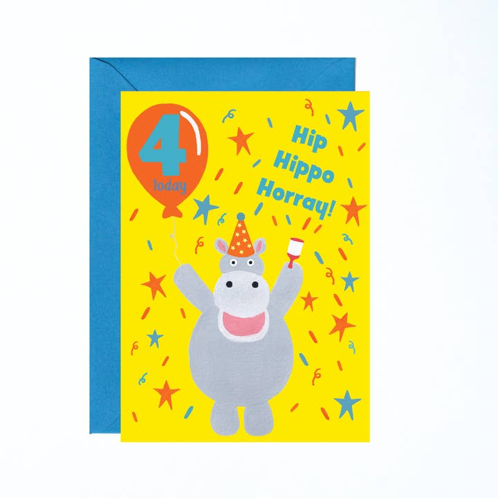 Age 4 Hippo Birthday Card for wholesale by Charlotte Farr Illustrations