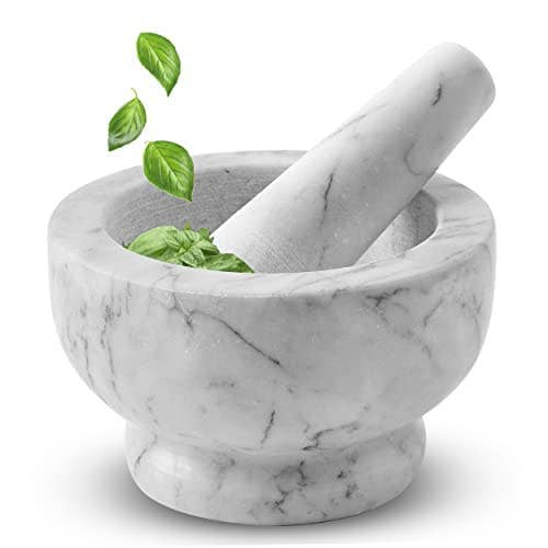 ALPINE CUISINE Mortar and Pestle Set Natural Marble Stone Guacamole Molcajete Bowl 5 Inches | Stone Grinder Bowl for Salsa, Herb Crusher, Grind and Crush Spices | Gift Set White 5x3 Inch for wholesale by Alpine Cuisine
