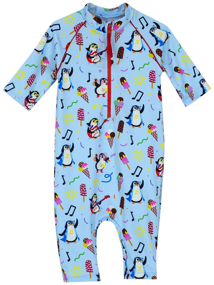 Penguin Print UPF50+ Long Sleeve Baby Swimsuit for wholesale by Daring Littles