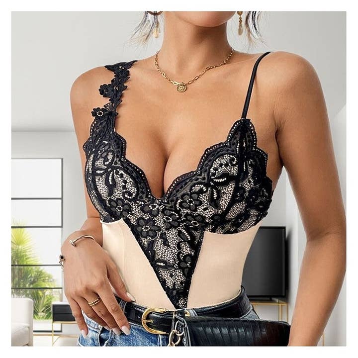 Abrikos Stilfuld blonde splice dyb v-hals uregelmæssig slyngedragt for engroshandel på Faire2