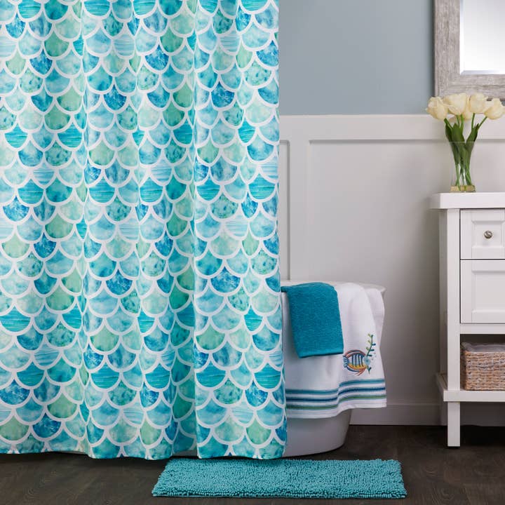 Ocean Watercolor Scales Fabric Shower Curtain, Aqua for wholesale by SKL HOME