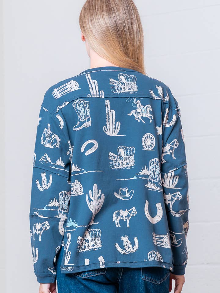 Navy HT28841T-WESTERN PRINTED ROUND NECK LONG SLEEVE TOP for wholesale on Faire4