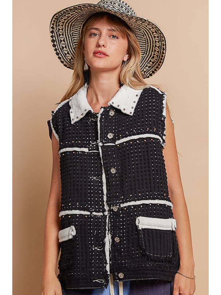 Pol Clothing - Wholesale Outerwear Vest - Women's - Stud detail solid fleece vest SALE