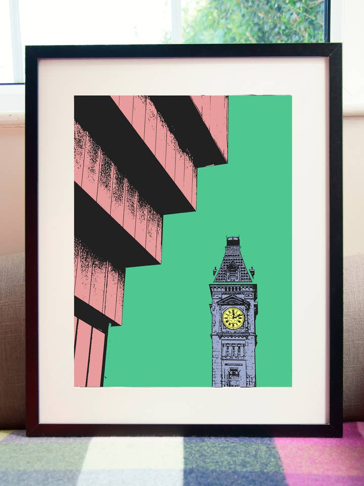 Stampe artistiche del Big Brum Clock e della Vecchia Biblioteca per la vendita all'ingrosso da parte di Barmy Brummie