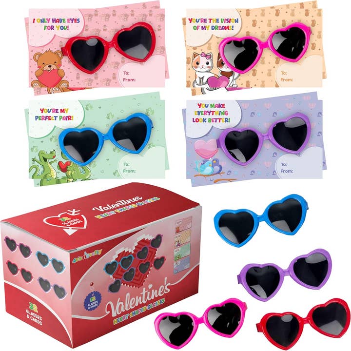 4E's Novelty 32 Pack Valentines Day Heart Glasses for Kids - Bulk With Cards for wholesale by 4E's Novelty