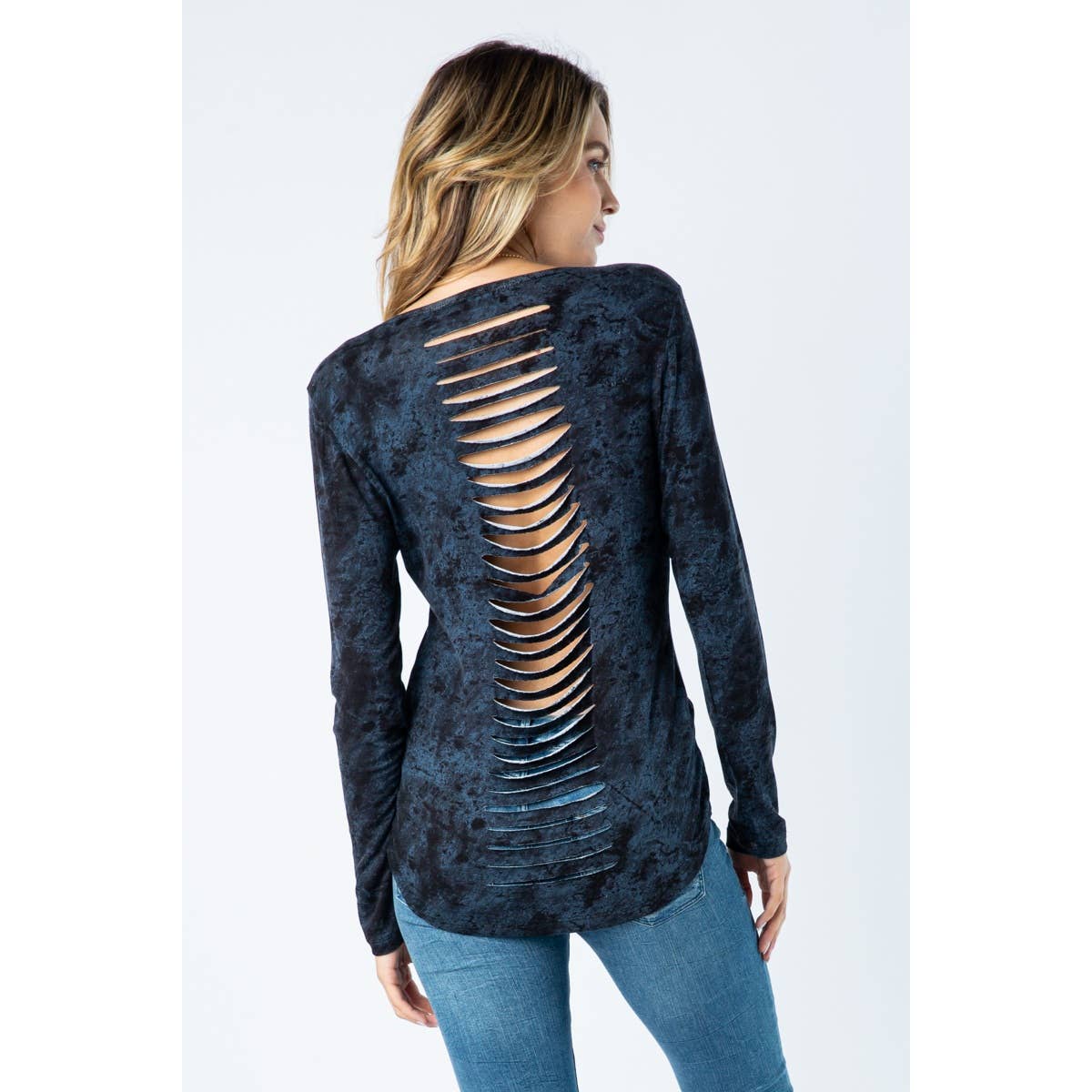 BLACK LASER CUT LONG SLEEVE TOP WITH FEATHERS for wholesale on Faire3