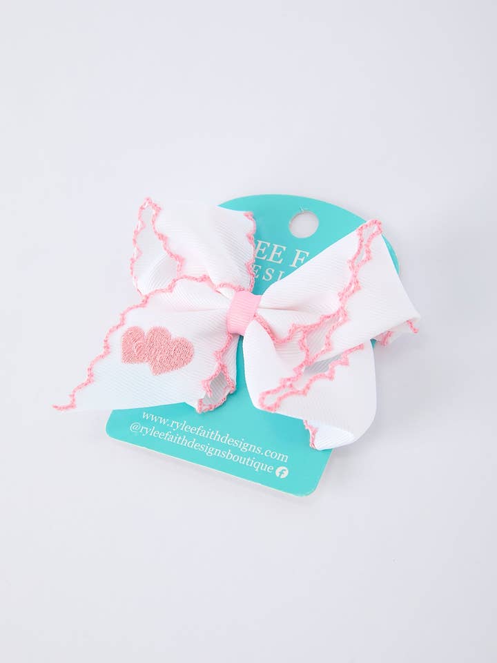 Valentine's Day Heart Embroidered White Girls Bow Hairpin 4 Inch for wholesale by Rylee Faith Designs