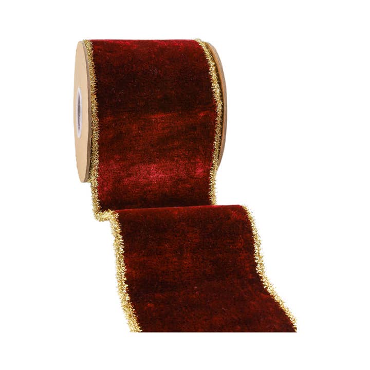 LA Ribbons Wholesale - Wholesale Ribbon – Gift wrapping - 4" Wired Velvet Ribbon | Burgundy w/ Gold Tinsel Edge & Metallic Gold Backing | 5 Yard Roll
2