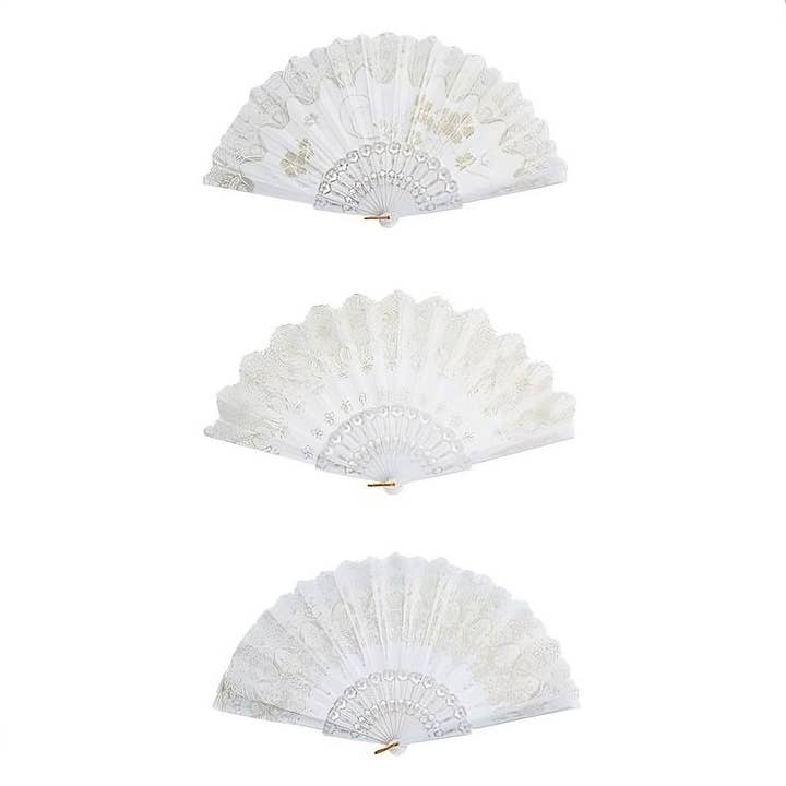 Diacly - Wholesale Handheld Folding Fan - 12pk Floral White Portable Fold Handheld Fan