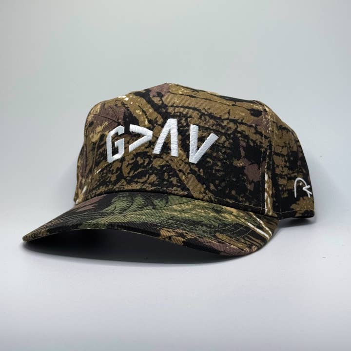 God is Greater Than the Highs and Lows, Camo Trucker Hat for wholesale by Yappy Apparel